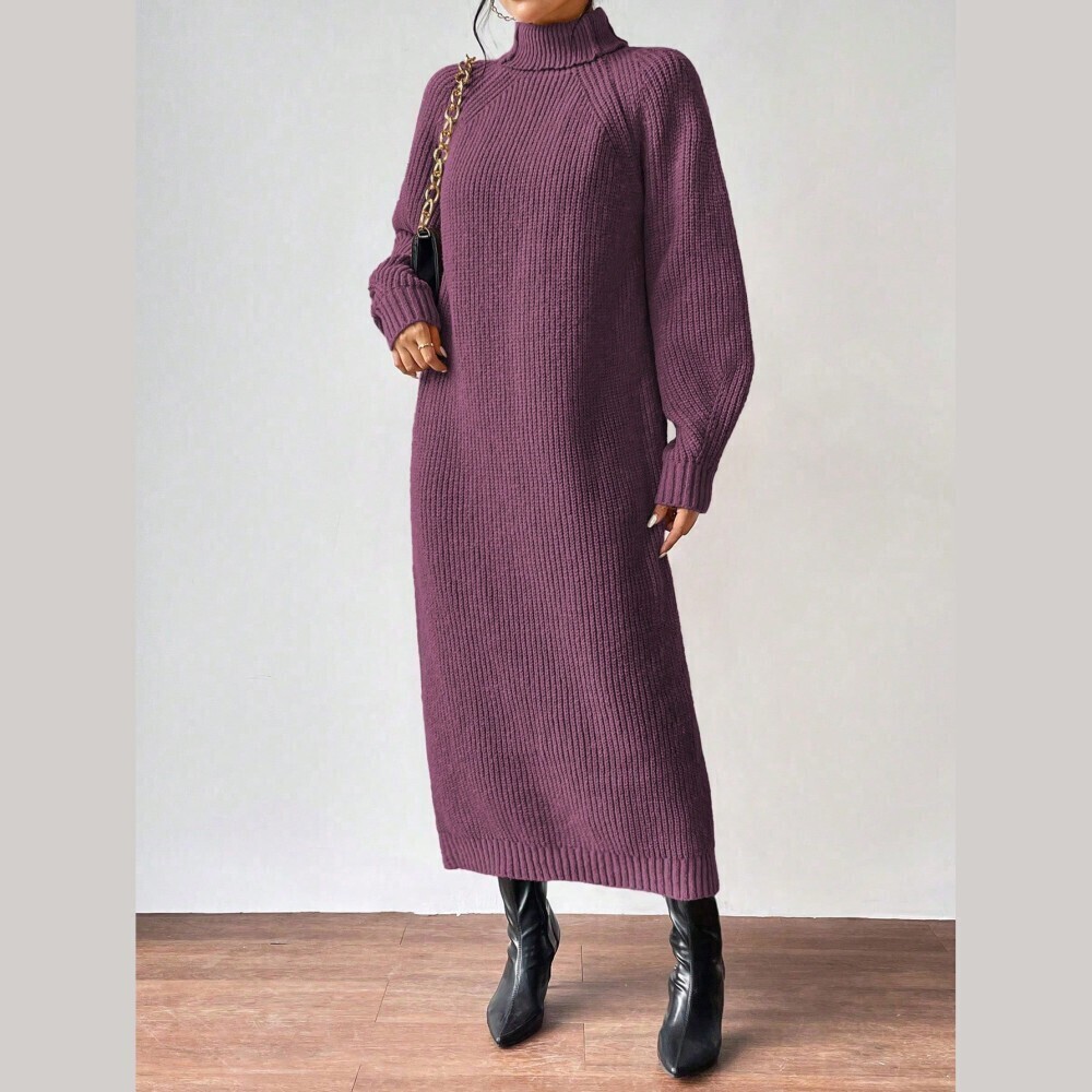 Plum Purple Ribbed Knit Turtleneck Long Sleeve Maxi Sweater Dress - Picture 4 of 7